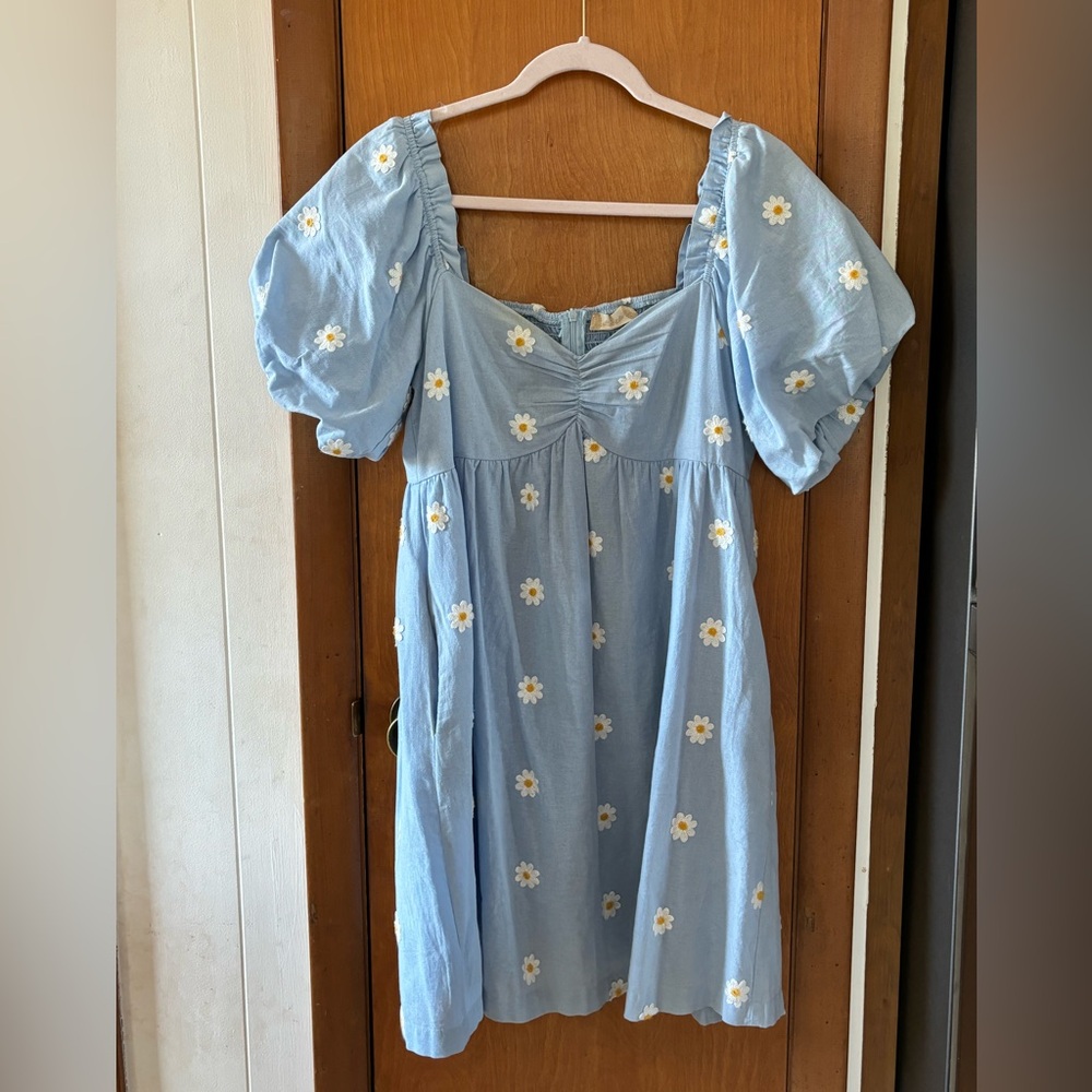 Altar’s State Blue Mini Dress w/ embroidered white daisies.